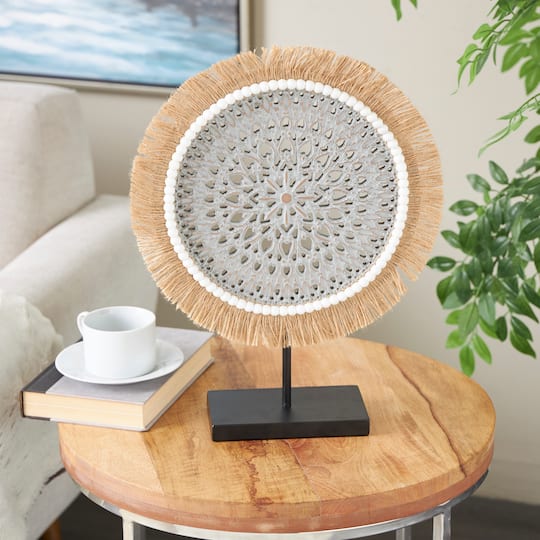 17.75" Gray Wooden Tribal Handmade Seagrass Fringed Decorative Sculpture with Black Base